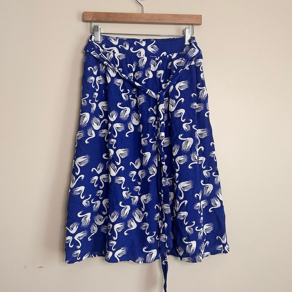 Anthropologie Porridge Blue Getaway Swan Belted A-Line Midi Skirt Size Small - Picture 2 of 7